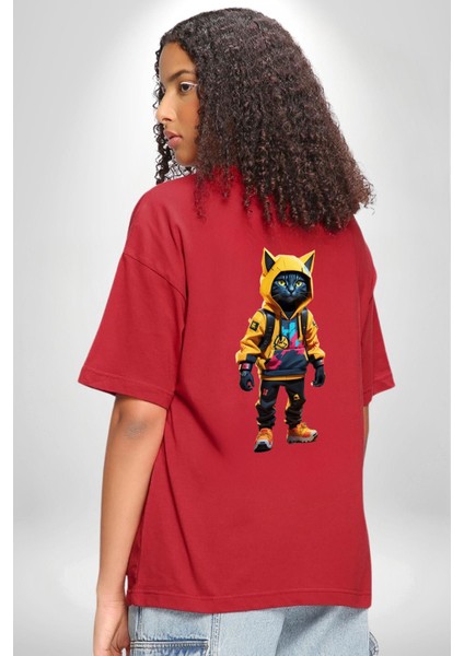Spor Eşofman Takımı Sarı Kedi Insan Kırmızı Oversize Kadın Erkek Ön ve Sırt Baskılı T-Shirt