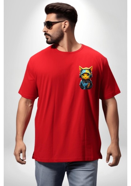 Spor Eşofman Takımı Sarı Kedi Insan Kırmızı Oversize Kadın Erkek Ön ve Sırt Baskılı T-Shirt
