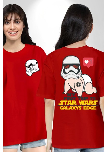 Star Wars My First Trip To Kırmızı Oversize Kadın Erkek Ön ve Sırt Baskılı T-Shirt