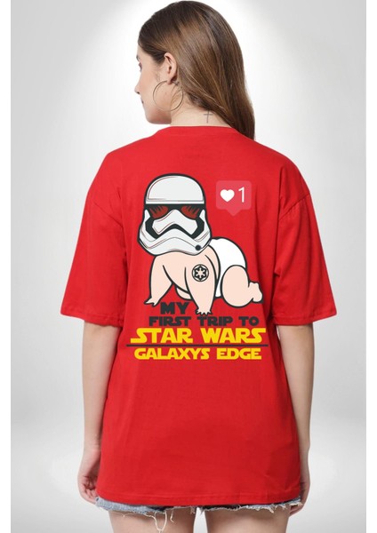 Star Wars My First Trip To Kırmızı Oversize Kadın Erkek Ön ve Sırt Baskılı T-Shirt