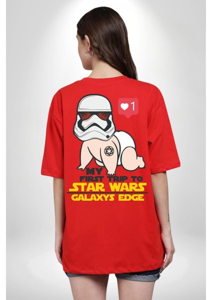 Star Wars My First Trip To Kırmızı Oversize Kadın Erkek Ön ve Sırt Baskılı T-Shirt