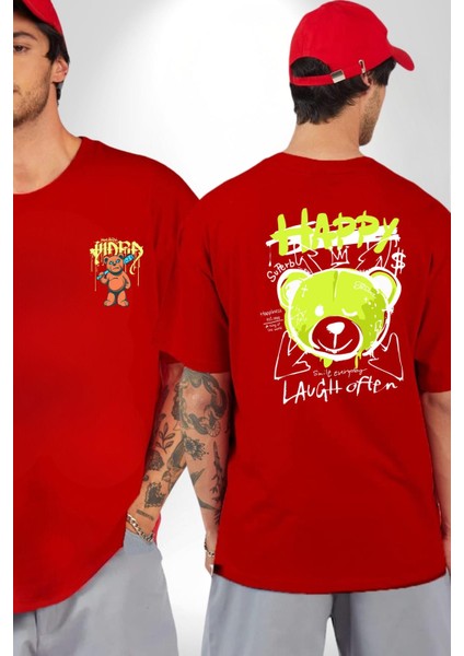 Sık Sık Mutlu Gülmek Teddy Bear Kırmızı Oversize Kadın Erkek Ön ve Sırt Baskılı T-Shirt