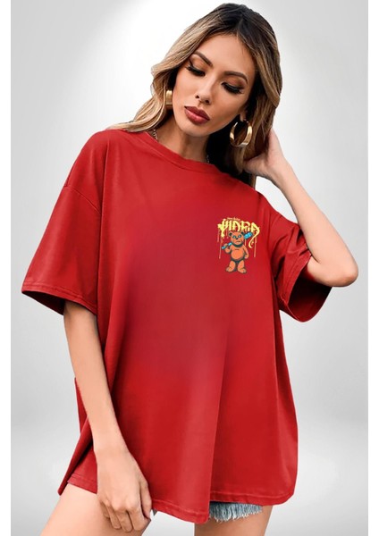 Sık Sık Mutlu Gülmek Teddy Bear Kırmızı Oversize Kadın Erkek Ön ve Sırt Baskılı T-Shirt modelleri