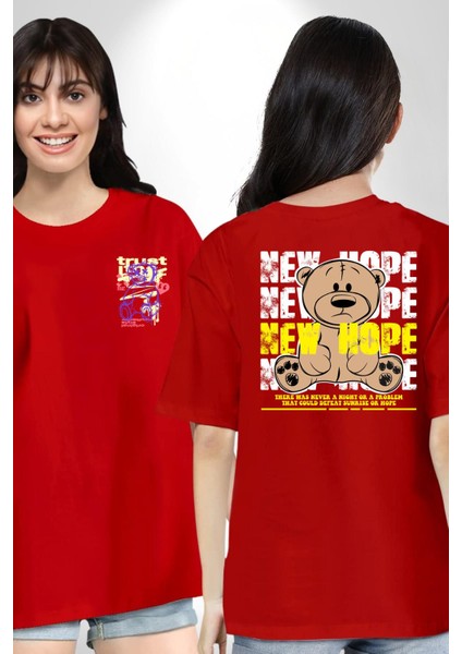 Yeni Umut Kırmızı Oversize Kadın Erkek Ön ve Sırt Baskılı T-Shirt