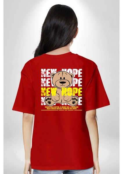 Yeni Umut Kırmızı Oversize Kadın Erkek Ön ve Sırt Baskılı T-Shirt