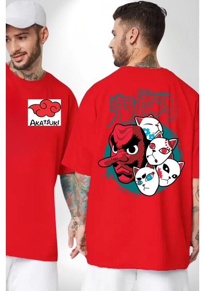 Japon Anime Tengu Maske Kırmızı Oversize Kadın Erkek Ön ve Sırt Baskılı T-Shirt