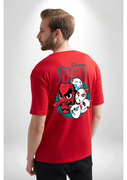 Japon Anime Tengu Maske Kırmızı Oversize Kadın Erkek Ön ve Sırt Baskılı T-Shirt fırsatları
