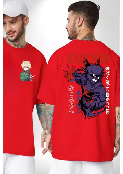 Kasuki Bakugo Anime Kırmızı Oversize Kadın Erkek Ön ve Sırt Baskılı T-Shirt