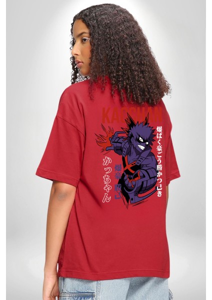 Kasuki Bakugo Anime Kırmızı Oversize Kadın Erkek Ön ve Sırt Baskılı T-Shirt