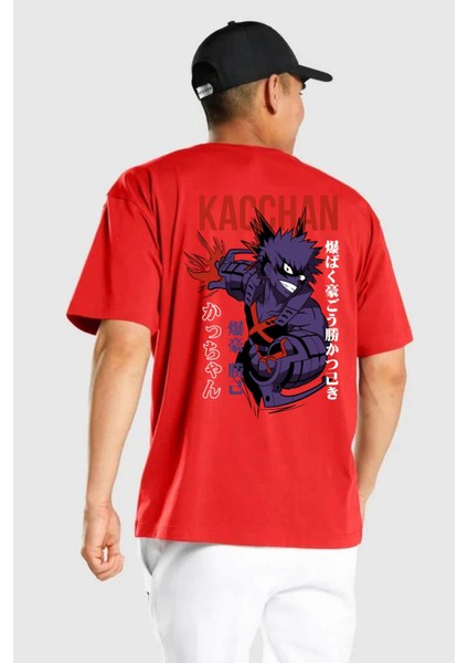 Kasuki Bakugo Anime Kırmızı Oversize Kadın Erkek Ön ve Sırt Baskılı T-Shirt