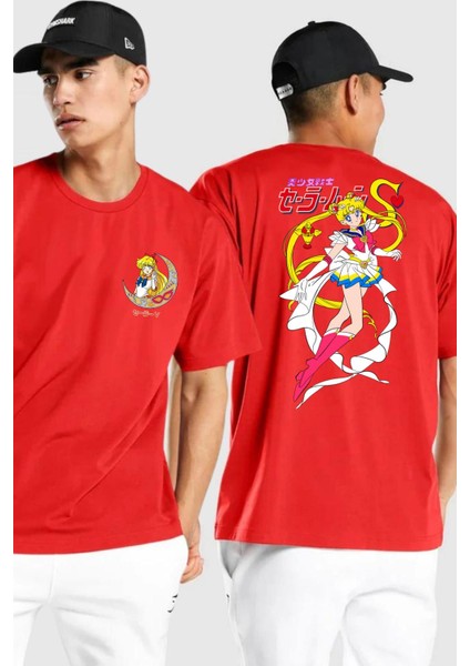 Sailor Moon Anime Usagi Tsukino Kırmızı Oversize Kadın Erkek Ön ve Sırt Baskılı T-Shirt