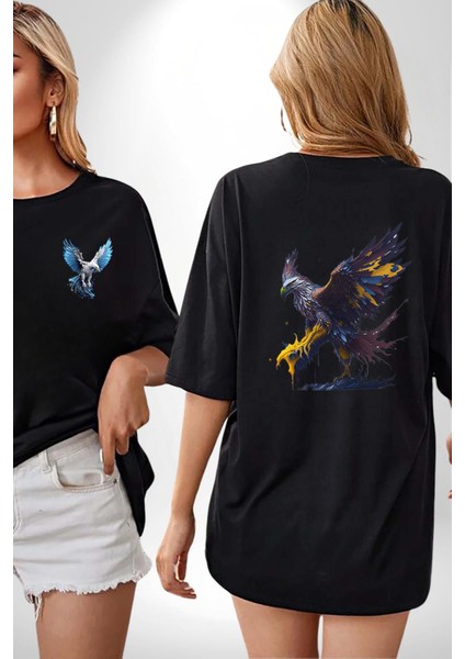 Kara Kartal Sulu Boya Siyah Oversize Kadın Erkek Ön ve Sırt Baskılı T-Shirt