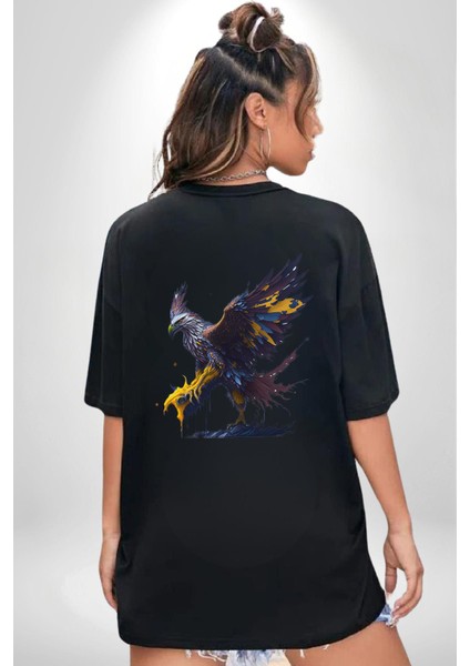 Kara Kartal Sulu Boya Siyah Oversize Kadın Erkek Ön ve Sırt Baskılı T-Shirt modelleri