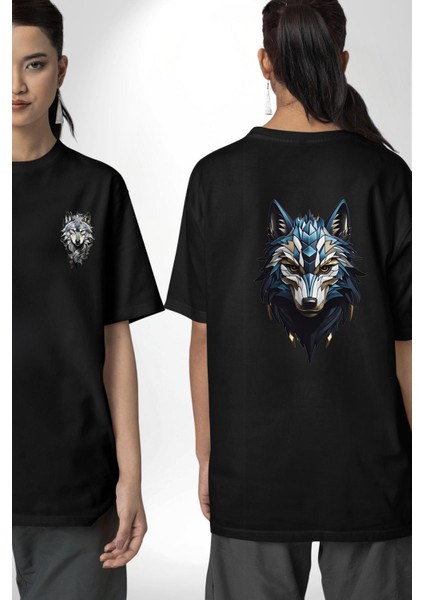 Mavi Kurt Robot Siyah Oversize Kadın Erkek Ön ve Sırt Baskılı T-Shirt