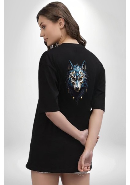 Mavi Kurt Robot Siyah Oversize Kadın Erkek Ön ve Sırt Baskılı T-Shirt