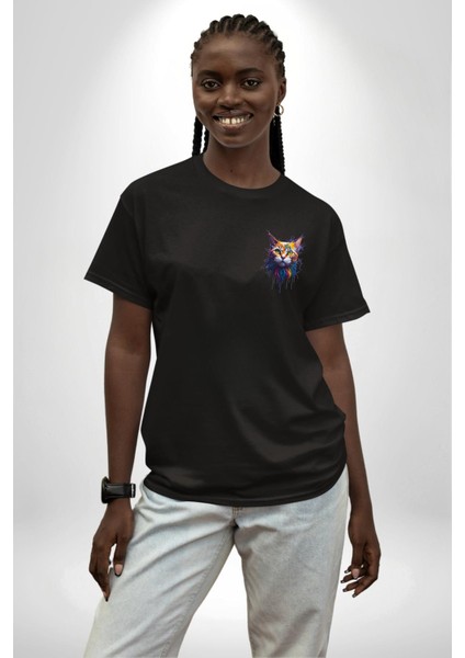Hayvan Kedi Sanat Potre Siyah Oversize Kadın Erkek Ön ve Sırt Baskılı T-Shirt