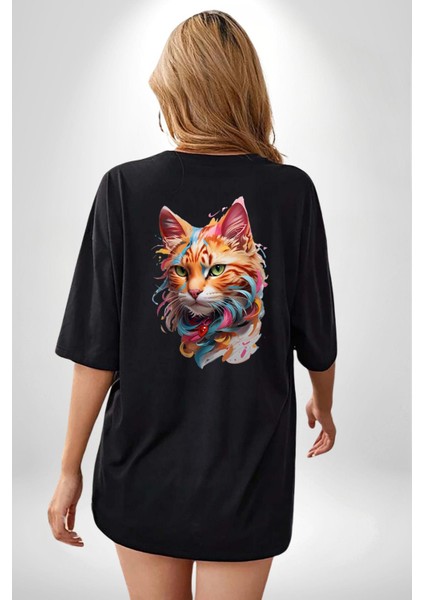Hayvan Kedi Sanat Potre Siyah Oversize Kadın Erkek Ön ve Sırt Baskılı T-Shirt
