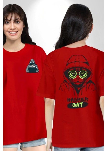 Hacker Kedi Bilgisayar Korsanı Yeşil Gözlük Kırmızı Oversize Kadın Erkek Ön ve Sırt Baskılı T-Shirt