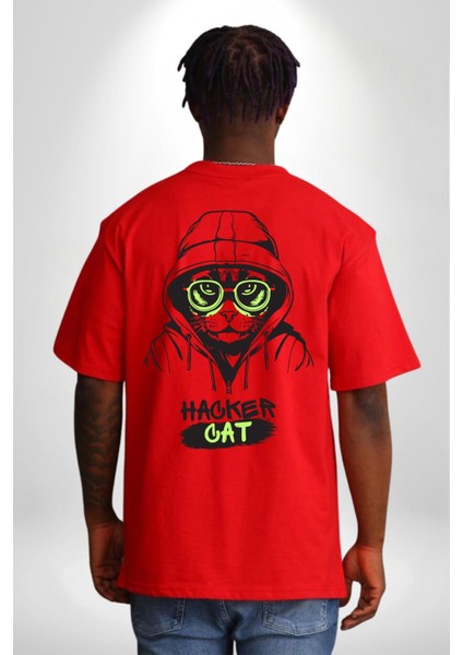 Hacker Kedi Bilgisayar Korsanı Yeşil Gözlük Kırmızı Oversize Kadın Erkek Ön ve Sırt Baskılı T-Shirt