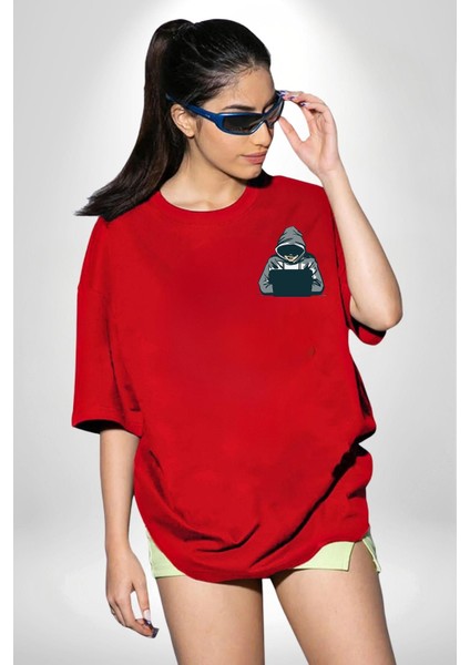 Hacker Kedi Bilgisayar Korsanı Yeşil Gözlük Kırmızı Oversize Kadın Erkek Ön ve Sırt Baskılı T-Shirt