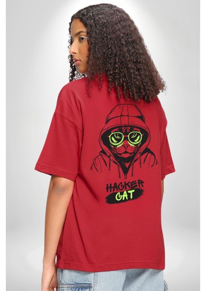 Hacker Kedi Bilgisayar Korsanı Yeşil Gözlük Kırmızı Oversize Kadın Erkek Ön ve Sırt Baskılı T-Shirt