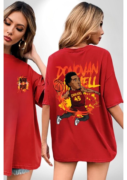 Donovan Mitchell Basketbol Karikatür Kırmızı Oversize Kadın Erkek Ön ve Sırt Baskılı T-Shirt