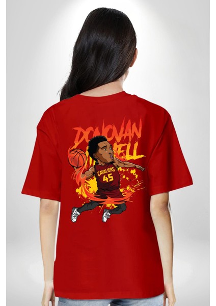 Donovan Mitchell Basketbol Karikatür Kırmızı Oversize Kadın Erkek Ön ve Sırt Baskılı T-Shirt