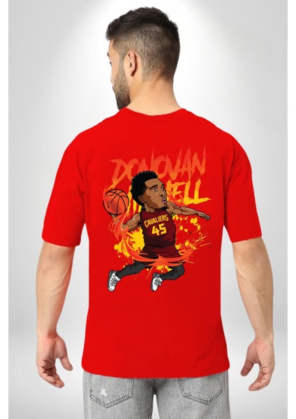 Donovan Mitchell Basketbol Karikatür Kırmızı Oversize Kadın Erkek Ön ve Sırt Baskılı T-Shirt
