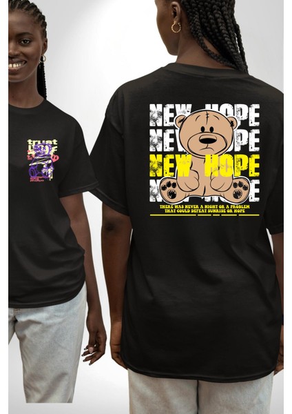 Yeni Umut Siyah Oversize Kadın Erkek Ön ve Sırt Baskılı T-Shirt