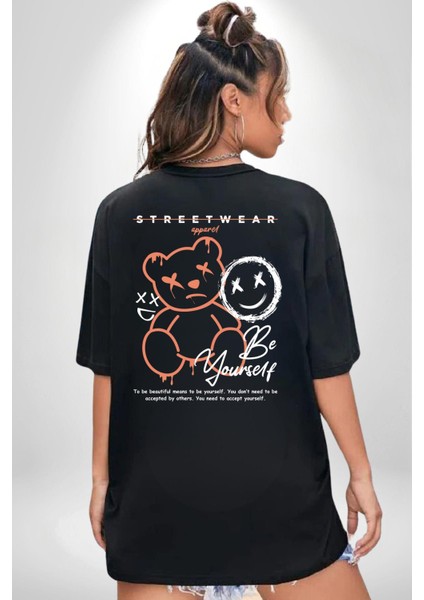 Yükseliş Için Kendin Ol Siyah Oversize Kadın Erkek Ön ve Sırt Baskılı T-Shirt
