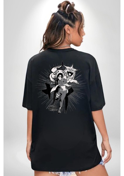 Naruto Shippuden Sai Lion Siyah Oversize Kadın Erkek Ön ve Sırt Baskılı T-Shirt