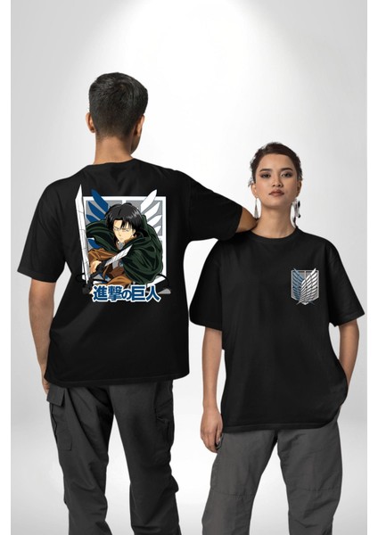 Anime Levi Ackerman Beyaz ve Siyah Kanatlar Siyah Oversize Kadın Erkek Ön ve Sırt Baskılı T-Shirt