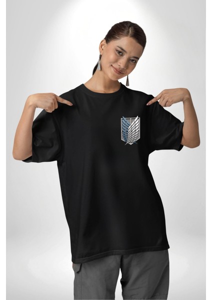 Anime Levi Ackerman Beyaz ve Siyah Kanatlar Siyah Oversize Kadın Erkek Ön ve Sırt Baskılı T-Shirt