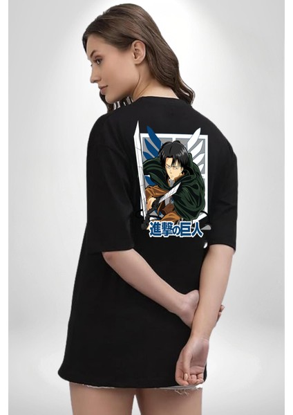 Anime Levi Ackerman Beyaz ve Siyah Kanatlar Siyah Oversize Kadın Erkek Ön ve Sırt Baskılı T-Shirt