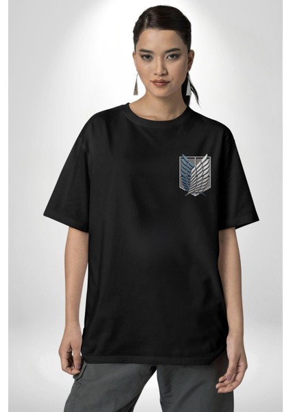 Anime Levi Ackerman Beyaz ve Siyah Kanatlar Siyah Oversize Kadın Erkek Ön ve Sırt Baskılı T-Shirt
