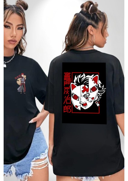 Anime Iblis Avcısı Kimetsu No Yaiba Maske Siyah Oversize Kadın Erkek Ön ve Sırt Baskılı T-Shirt