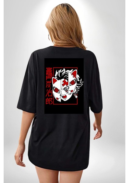 Anime Iblis Avcısı Kimetsu No Yaiba Maske Siyah Oversize Kadın Erkek Ön ve Sırt Baskılı T-Shirt