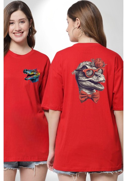 Kırmızı Gözlük Papyon Dinazor Kırmızı Oversize Kadın Erkek Ön ve Sırt Baskılı T-Shirt