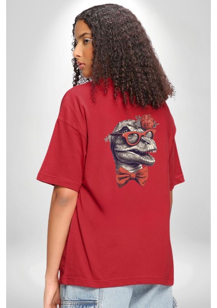 Kırmızı Gözlük Papyon Dinazor Kırmızı Oversize Kadın Erkek Ön ve Sırt Baskılı T-Shirt