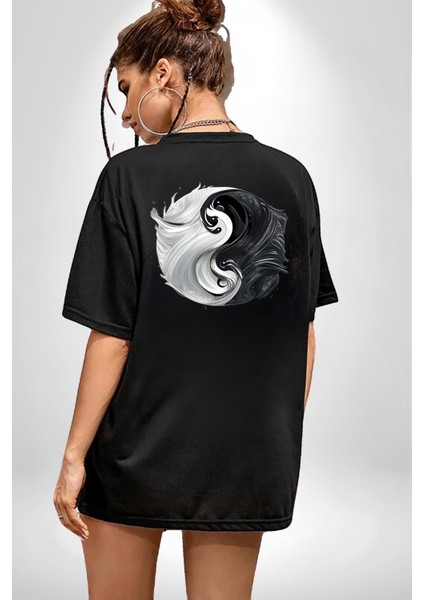 Siyah Beyaz Ying Yang Siyah Oversize Kadın Erkek Ön ve Sırt Baskılı T-Shirt indirimleri