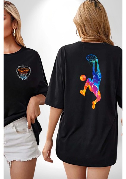 Smaç Basketbol Renkli Siyah Oversize Kadın Erkek Ön ve Sırt Baskılı T-Shirt