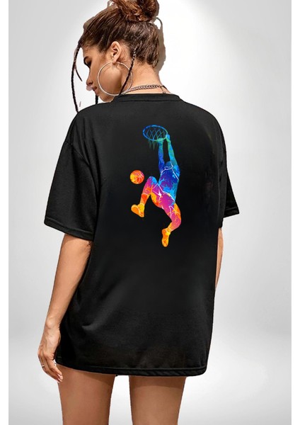 Smaç Basketbol Renkli Siyah Oversize Kadın Erkek Ön ve Sırt Baskılı T-Shirt modelleri