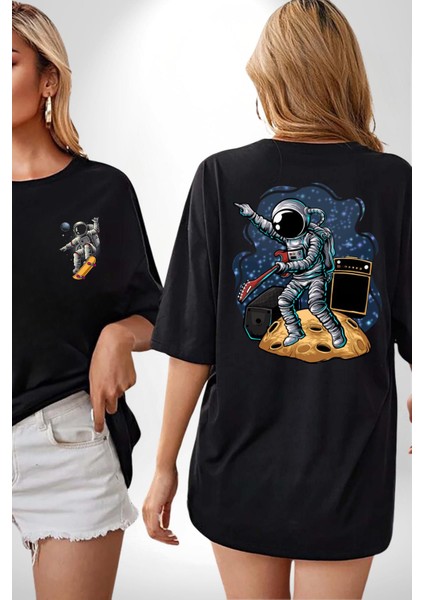 Gitar Astronot Müzik Uzay Siyah Oversize Kadın Erkek Ön ve Sırt Baskılı T-Shirt