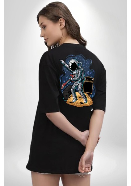 Gitar Astronot Müzik Uzay Siyah Oversize Kadın Erkek Ön ve Sırt Baskılı T-Shirt modelleri
