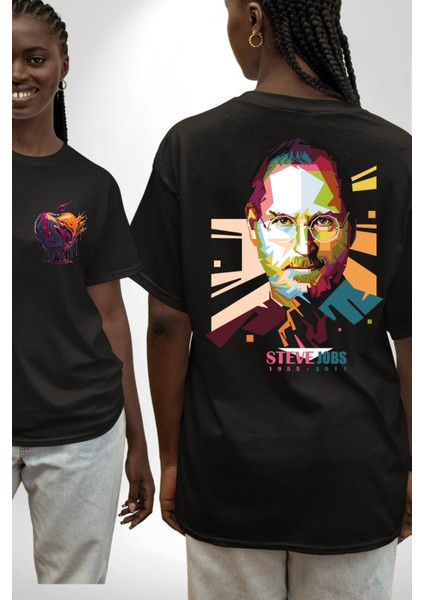 Steve Jobs Apple Siyah Oversize Kadın Erkek Ön ve Sırt Baskılı T-Shirt