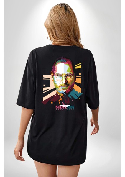 Steve Jobs Apple Siyah Oversize Kadın Erkek Ön ve Sırt Baskılı T-Shirt