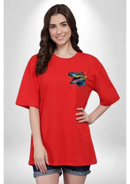 Kırmızı Gözlük Papyon Dinazor Kırmızı Oversize Kadın Erkek Ön ve Sırt Baskılı T-Shirt