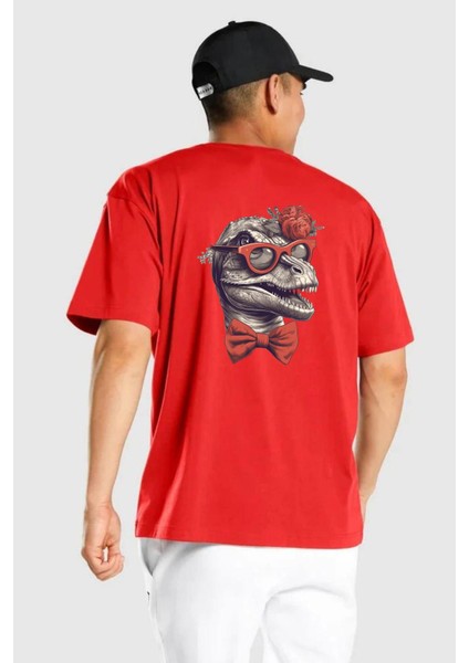 Kırmızı Gözlük Papyon Dinazor Kırmızı Oversize Kadın Erkek Ön ve Sırt Baskılı T-Shirt