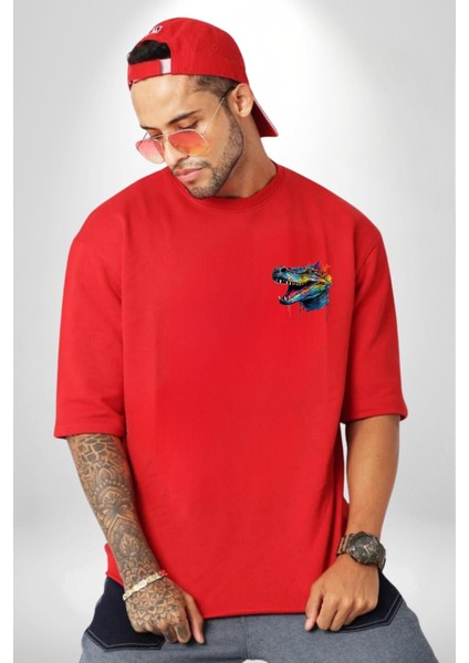 Kırmızı Gözlük Papyon Dinazor Kırmızı Oversize Kadın Erkek Ön ve Sırt Baskılı T-Shirt