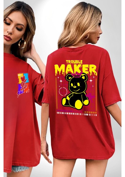 Baş Belası Teddy Kırmızı Oversize Kadın Erkek Ön ve Sırt Baskılı T-Shirt